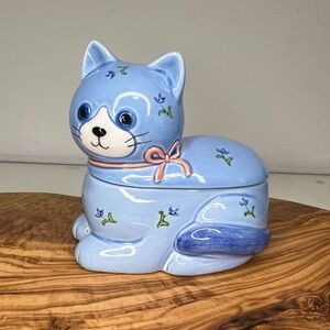 Vintage OTAGIRI Japan Calico Cat Blue Ceramic Sugar Bowl Trinket Dish 4 Inch
